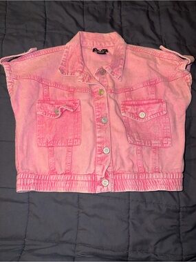 Pink Cropped Kroix Denim Button-Up Vest